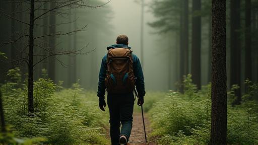 Backpacker walking through a dense forest